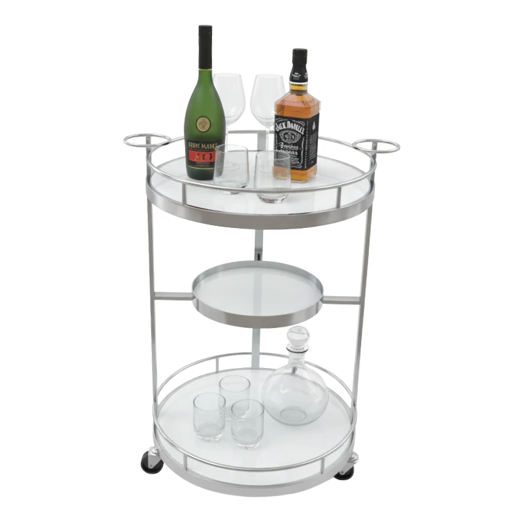 עגלת בר מפוארת עגולה 3 קומות כסוף לבן