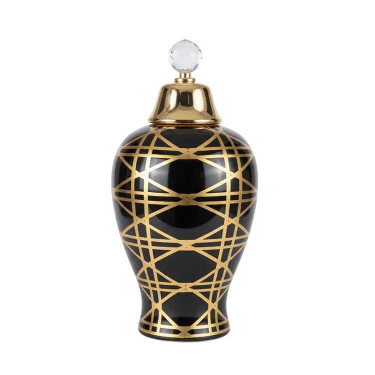 ואזה שחור עיטור זהב + מכסה 37 ס"מ