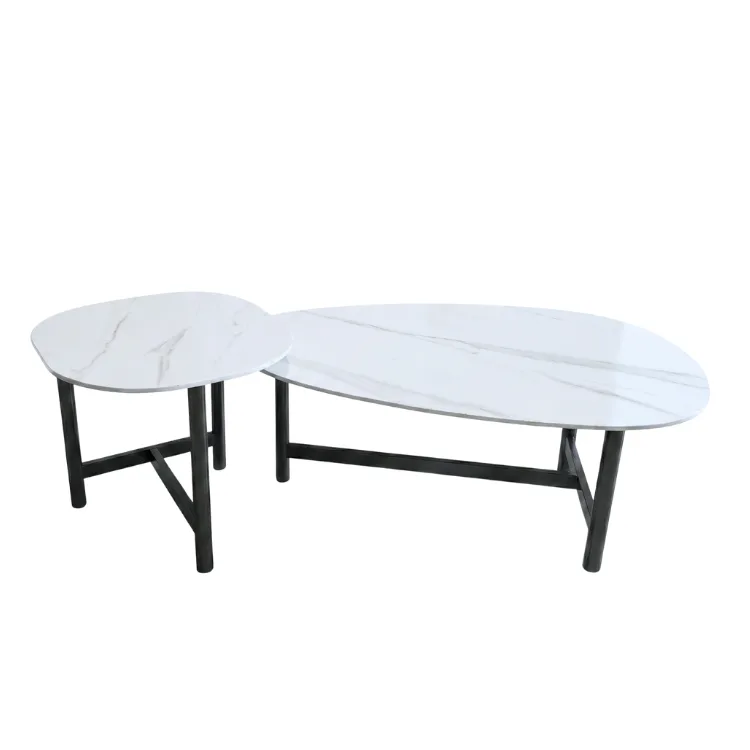 סט שולחנות סלון דמוי שיש לבן דגם אליפסה