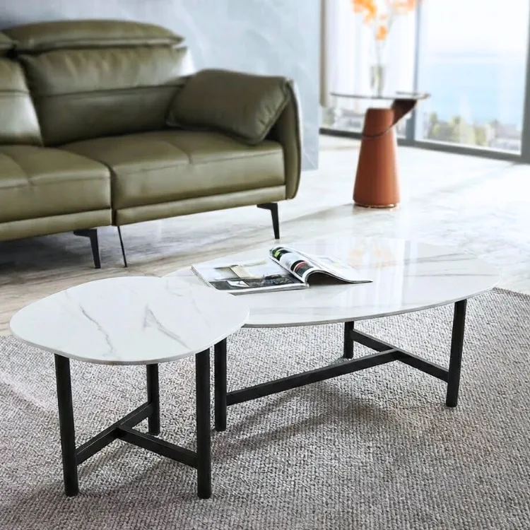 סט שולחנות סלון דמוי שיש לבן דגם אליפסה