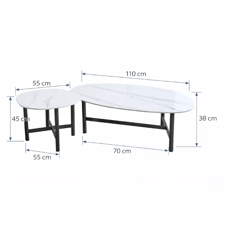 סט שולחנות סלון דמוי שיש לבן דגם אליפסה