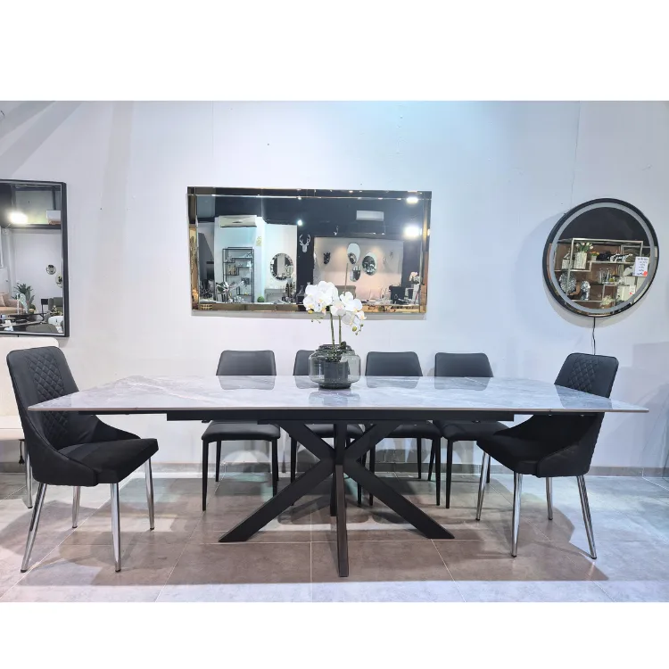 שולחן אוכל נפתח אבן דמוי צפחה דגם לג';נד שחור אפור