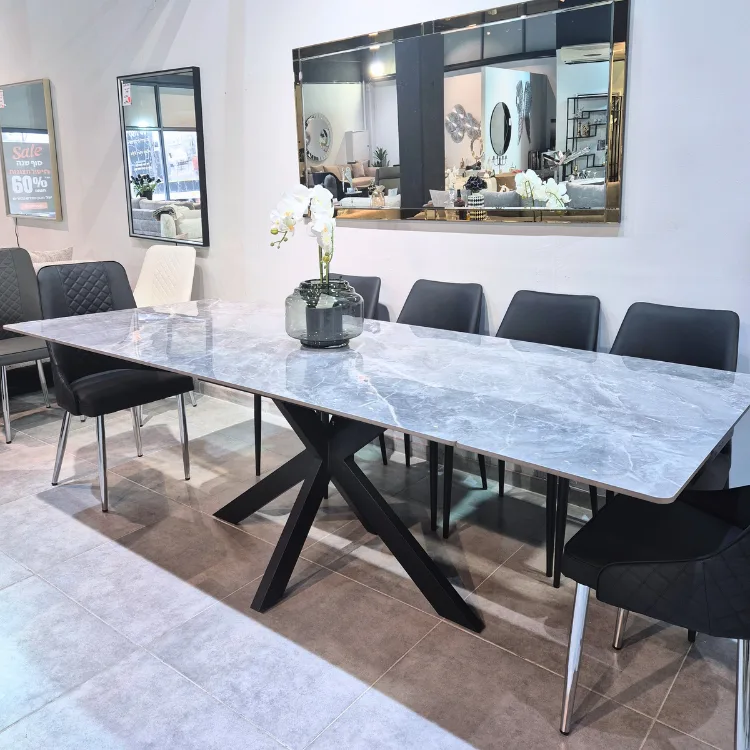 שולחן אוכל נפתח אבן דמוי צפחה דגם לג';נד שחור אפור