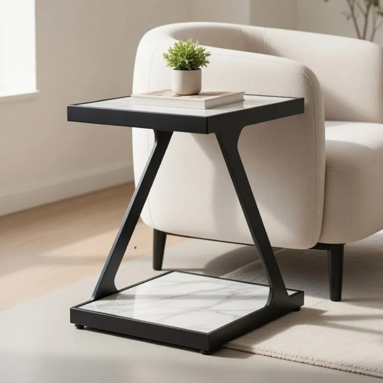 שולחן צד מרובע דמוי שיש לבן