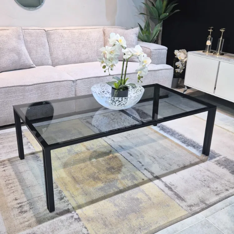 שולחן סלון דגם פסים שחור זכוכית אפור מעושן