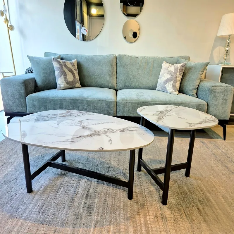 סט שולחנות סלון דמוי שיש לבן דגם אליפסה