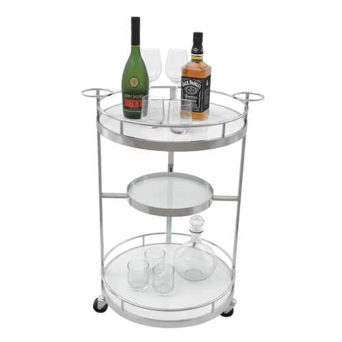 עגלת בר מפוארת עגולה 3 קומות כסוף לבן