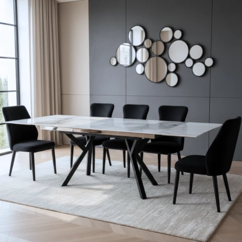 שולחן אוכל נפתח דגם איזבל שחור לבן דמוי שיש