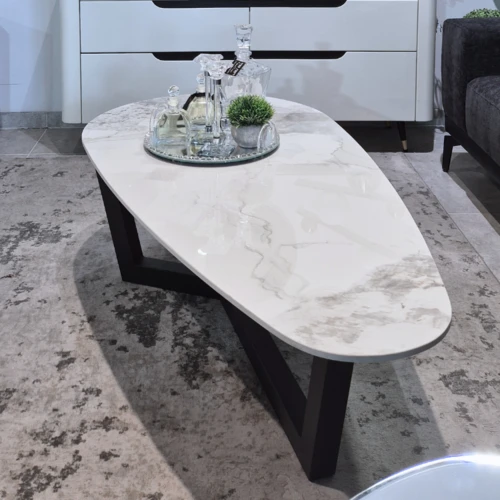 שולחן סלון אליפסה אבן צפחה דמוי שיש