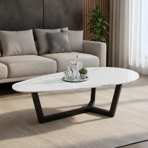 שולחן סלון אליפסה אבן צפחה דמוי שיש