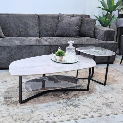 סט שולחנות סלון דמוי שיש בגווני אפור דגם גולדי