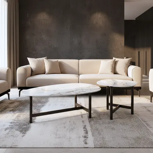 סט שולחנות סלון דמוי שיש לבן דגם אליפסה