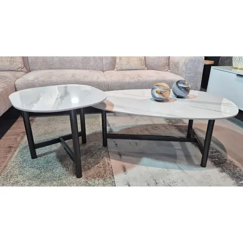 סט שולחנות סלון דמוי שיש לבן דגם אליפסה