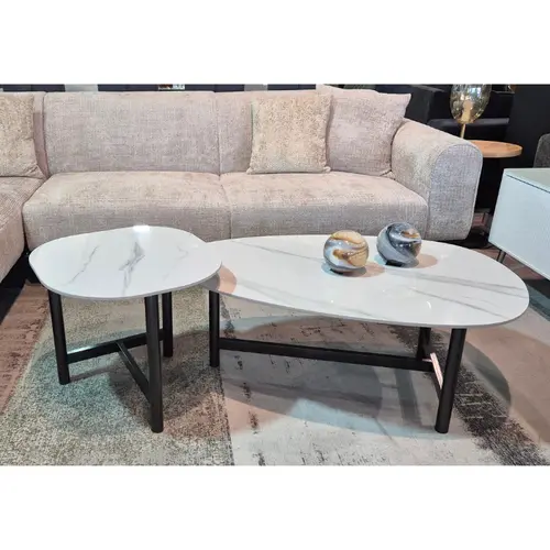 סט שולחנות סלון דמוי שיש לבן דגם אליפסה