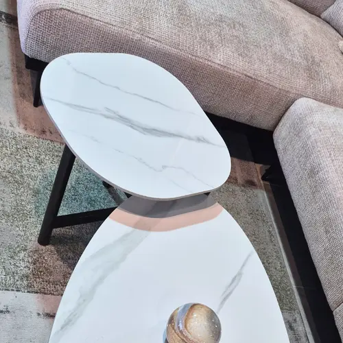 סט שולחנות סלון דמוי שיש לבן דגם אליפסה