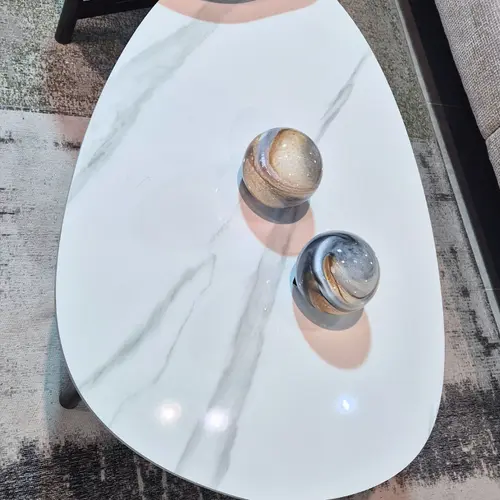 סט שולחנות סלון דמוי שיש לבן דגם אליפסה