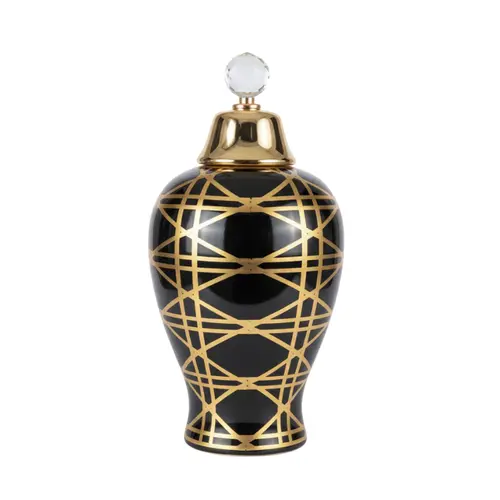 ואזה שחור עיטור זהב + מכסה 32 ס"מ