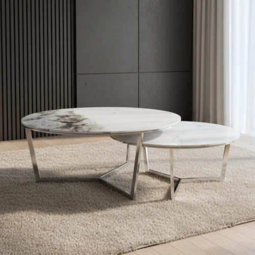 סט 2 שולחנות סלון דגם 325 כסוף דמוי שיש לבן