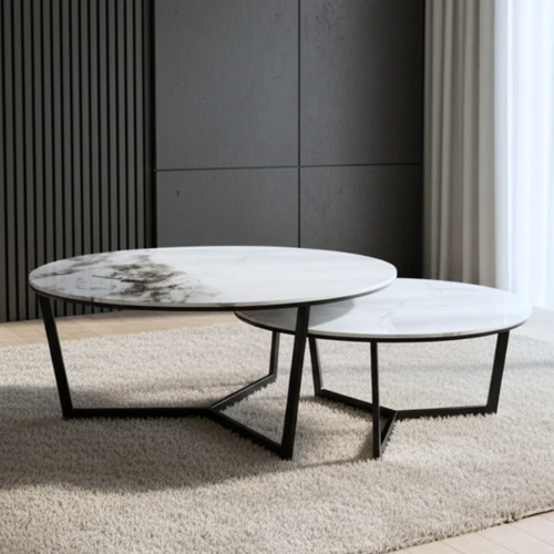 סט 2 שולחנות סלון דגם נרו שחור דמוי שיש לבן