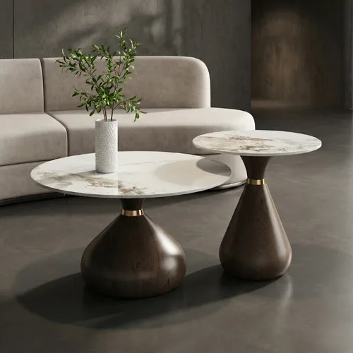 סט שולחנות סלון עגולים אגוז