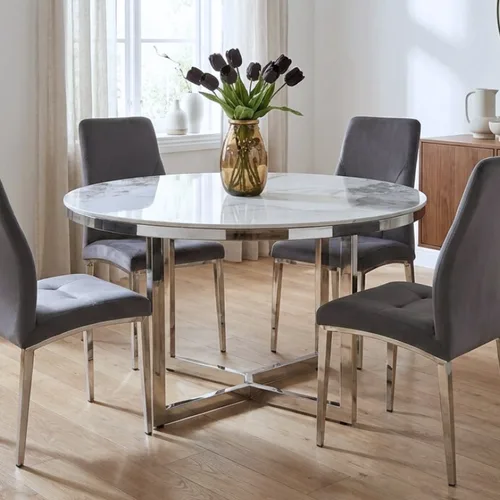 שולחן פינת אוכל מור כסוף דמוי שיש לבן - תצוגה חיפה