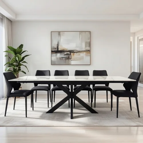 שולחן אוכל נפתח אבן דמוי צפחה דגם לג'נד שחור לבן