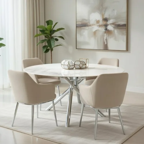 שולחן אוכל עגול נפתח דגם טוסון כסוף דמוי שיש לבן מבריק