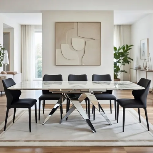 שולחן אוכל נפתח דגם שריל כסוף לבן דמוי שיש