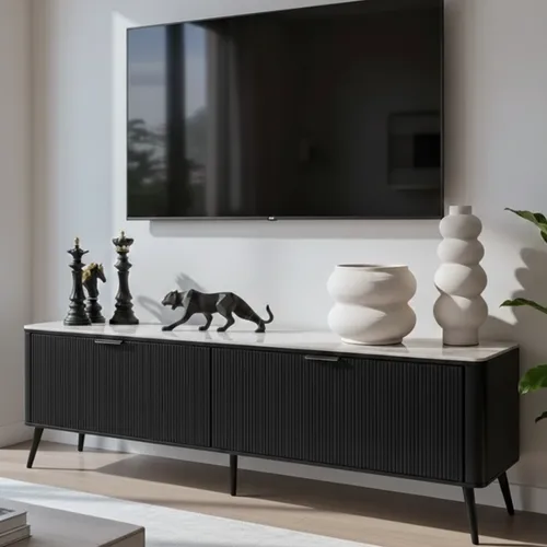 מזנון לסלון דגם יוקו צבע שחור פלטה שיש